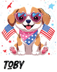 Kawaii Patriotic Puppy with Heart Sunglasses and American Flags – Cute Sticker-Style Illustration 