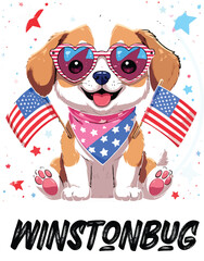 Kawaii Patriotic Puppy with Heart Sunglasses and American Flags – Cute Sticker-Style Illustration 