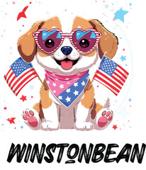 Kawaii Patriotic Puppy with Heart Sunglasses and American Flags – Cute Sticker-Style Illustration 