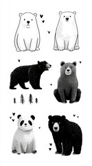 Cute bear illustrations featuring polar, black, grizzly, and panda bears in a playful design