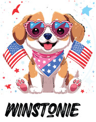 Kawaii Patriotic Puppy with Heart Sunglasses and American Flags – Cute Sticker-Style Illustration 