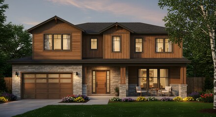 Modern Two-Story Home with Wood and Stone Facade at Dusk
