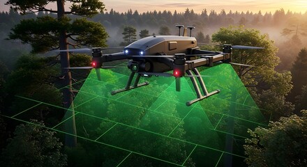 Aerial drone surveying a forested landscape with green grid overlay during golden hour light