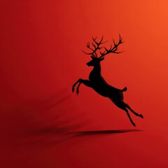 Majestic stag leaps against vibrant red background at dusk, capturing the essence of wild nature and freedom