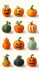 Unique collection of handcrafted pumpkins in various shapes and colors displayed for autumn decoration