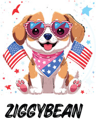 Kawaii Patriotic Puppy with Heart Sunglasses and American Flags – Cute Sticker-Style Illustration 