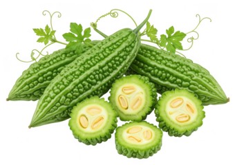 Fresh bitter melon vegetables isolated on transparent background