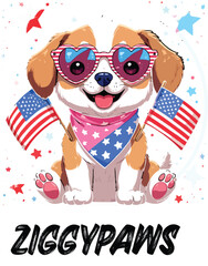 Kawaii Patriotic Puppy with Heart Sunglasses and American Flags – Cute Sticker-Style Illustration 