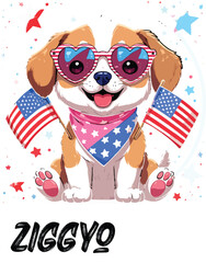 Kawaii Patriotic Puppy with Heart Sunglasses and American Flags – Cute Sticker-Style Illustration 