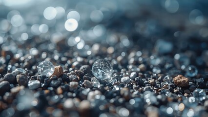 Macro Close-Up of Shiny Pebbles, Rocks, and Gravel on Coastal Ground with Light Reflections in Nature Landscape