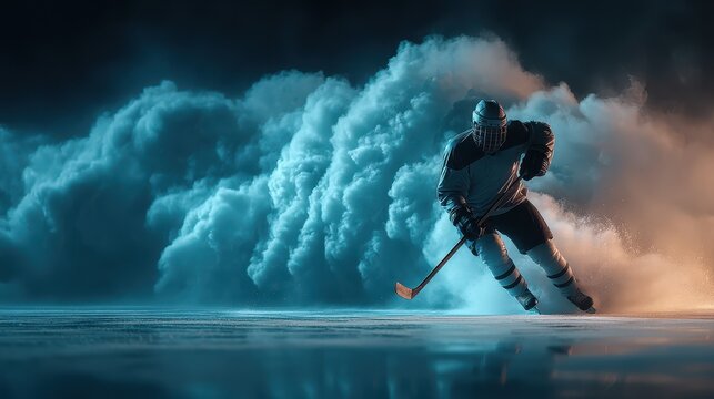 Hockey player navigating through smoke on an ice rink during an intense game at night