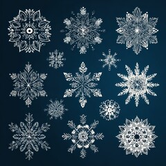 Intricate snowflake designs showcasing winter beauty on a deep blue background