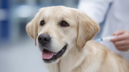 A happy golden retriever is being examined by a veterinarian. The dog looks calm and healthy. This image captures a caring moment in a pet clinic. Perfect for pet care themes. AI