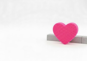 Fototapeta premium Pink Heart-Shaped Sponge on Grey Blocks; Minimalist Valentine's Day Concept