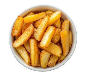 Golden crispy potato wedges served in a white bowl against a transparent background