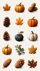 Autumn-inspired collection of pumpkins, pine cones, and colorful leaves set against a neutral background