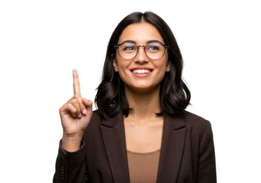 Woman in glasses pointing finger up isolated on transparent background - Powered by Adobe