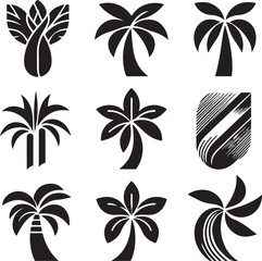 Palm tree silhouettes on a tropical summer landscape with beach and nature elements