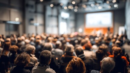 Obraz premium A focused audience engaged in a corporate seminar, illustrating teamwork and professional development in action.