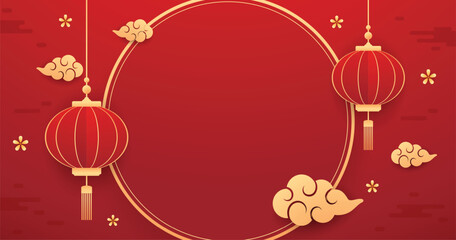 Happy Chinese new year 2026. Chinese new year banner for show product. Greeting card. China frame with lantern on red background.