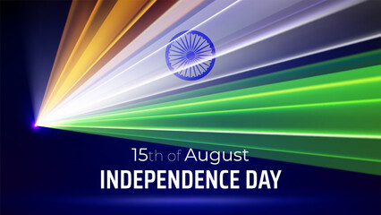 August 15, independence day india. Indian flag laser light show. National holiday 15th of august. Happy independence day greetings card. Laser beams, dj light party. Vector illustration