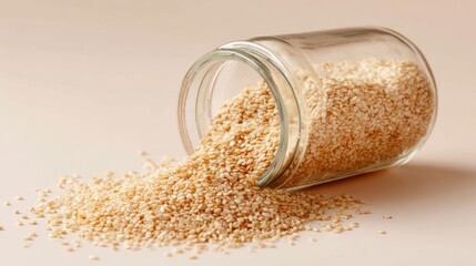 A glass jar tipped over, spilling uncooked sesame seeds on a smooth surface, creating a natural and organic feel.