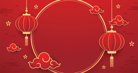 Happy Chinese new year 2026. Chinese new year banner for show product. Greeting card. China frame with lantern on red background.