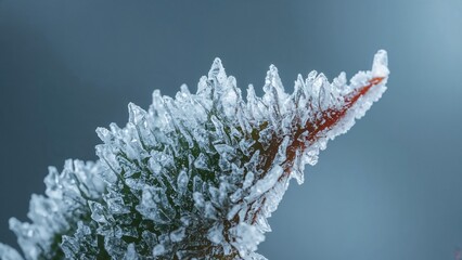 Macro Photography of Frost and Ice on Green Leaves: Capturing the Natural Beauty and Details of Winter Nature in Moody Close-up with Icy Crystals Texture