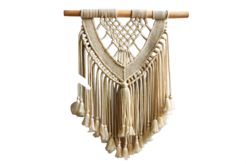 A beautiful handmade macrame wall hanging with intricate patterns and tassels is displayed against a transparent background