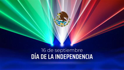 September 16, mexico independence day. Mexican flag laser light show. National holiday. Laser beams, dj light party. Vector greetings card. Translation september 16th, Independence Day