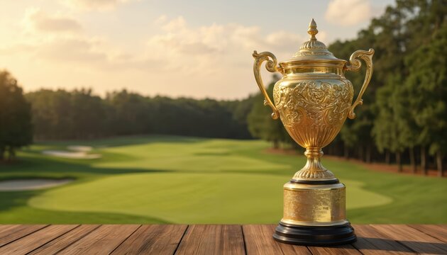 Golden trophy on wooden platform surrounded by blurred figures on golf course. Trophy centered with golf course background visible in distance with line of trees