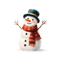 Cheerful snowman with a hat and scarf enjoys the winter season in a snowy landscape
