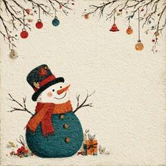 Cheerful snowman wearing a hat and scarf surrounded by festive ornaments and decorations in a winter setting