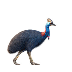 Fototapeta premium A southern cassowary bird with vibrant blue and red neck feathers stands on transparent background