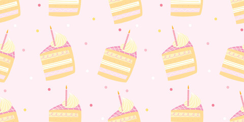 Cute seamless birthday themed vector pattern with sketchy pieces of cake and candles. Ideal for banners, packaging, digital backgrounds, and celebration print materials
