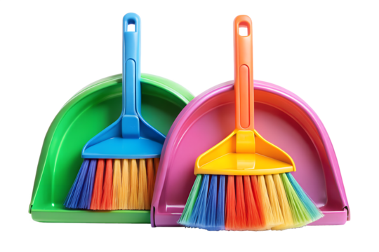 A pair of colorful brooms and dustpans, one green and one pink, ready for household cleaning tasks isolated on transparent background