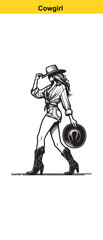 Western Cowgirl Vector Illustration – Stylish Black & White Fashion Portrait