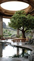 Fototapeta premium Serene Indoor Oasis with Mountain View.