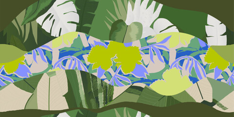 Obraz na płótnie Canvas Abstract geometric patchwork botanical print. Leaves, flowers and shapes collage contemporary seamless pattern. 