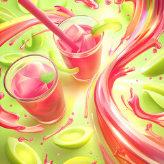 Refreshing Pink Drink with Ice Cubes and Avocado Slices Vibrant Splash.