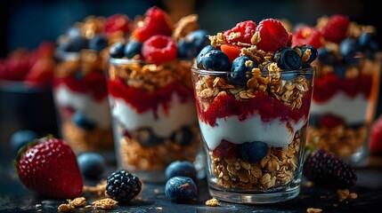 Layered Berry and Yogurt Parfait Cups with Granola on Wooden Tray perfect for healthy eating blogs, breakfast menu designs, nutrition advertising and lifestyle food photography