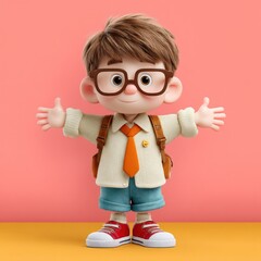 Adorable cartoon schoolboy with glasses and arms wide open wearing cream sweater and orange tie on pink background Generative AI