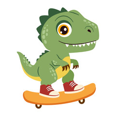Cute dinosaur riding a snowboard, flat vector illustration in a simple style, white background. Vector illustration