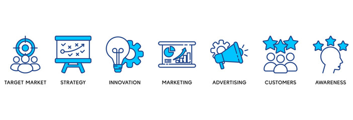 Obraz premium Brand icon set vector illustration concept relate to target market, strategy, innovation, marketing, advertising, customers, and awareness