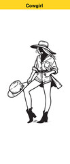 Western Cowgirl Vector Illustration – Stylish Black & White Fashion Portrait