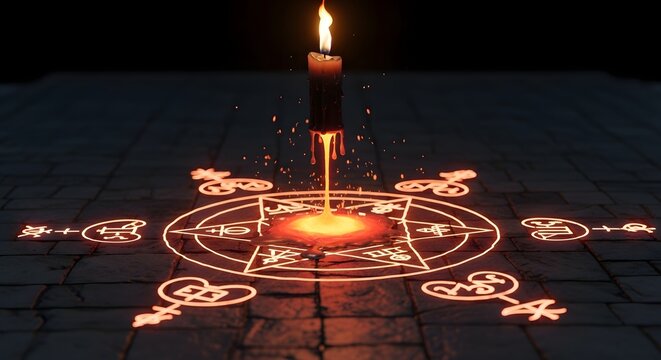 A burning candle dripping wax onto a glowing pentagram symbol on a stone floor in the dark room scene