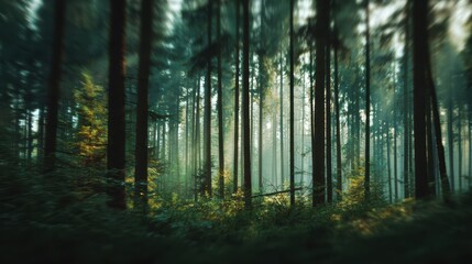 Obraz premium A serene forest scene with towering trees and soft sunlight filtering through the leaves, evoking peace and tranquility.
