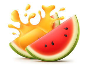 Vibrant Watermelon Slices with Juice Splash Isolated on White Background.