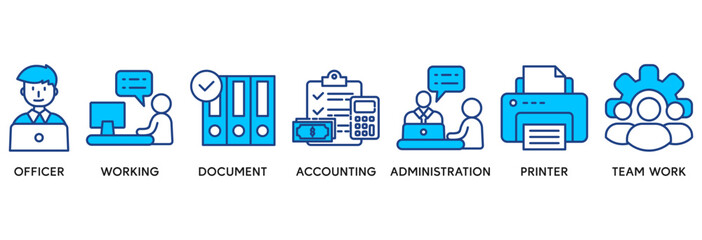 Office work icon set vector illustration concept relate to officer, working, document, accounting, administration, printer, teamwork