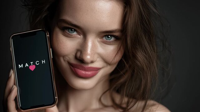 4k video of a woman holding a phone with a text "Match". Concept of dating app and love.